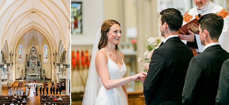 A bride and groom exchanging vows in a Catholic Church in Northern Michigan