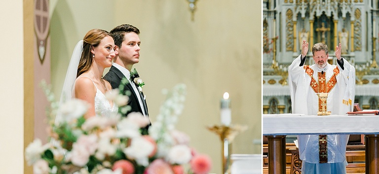 A bride and groom watching the priest during their catholic ceremony