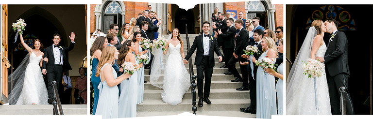 A bride and groom exiting the church as their guests cheer