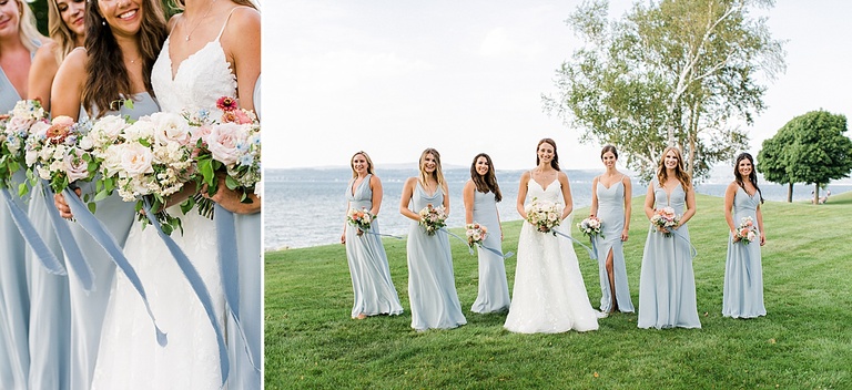 A bride and her bridesmaids taking portraits in a park by the lake