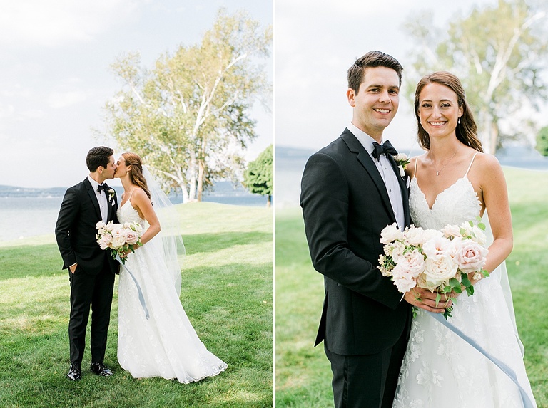 A bride and groom taking wedding portraits on a sunny day in Northern Michigan