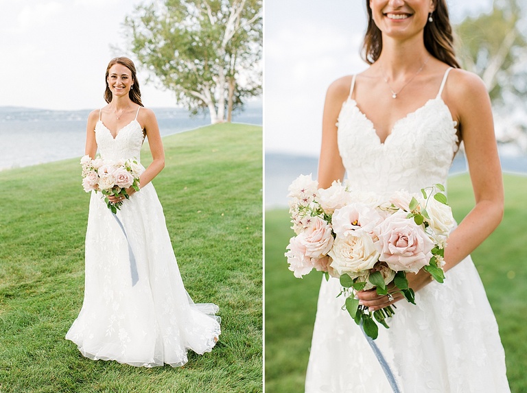 A portrait of a bride in her white Paloma Blanca wedding dress holding a white and light pink bouquet tied with light blue ribbon