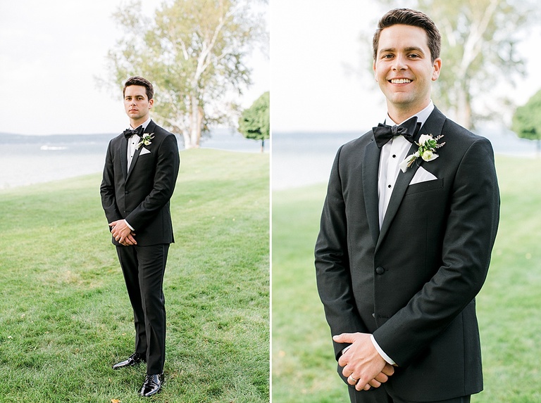 Groom portraits in his black tux in Bayfront Park in Petoskey, Michigan