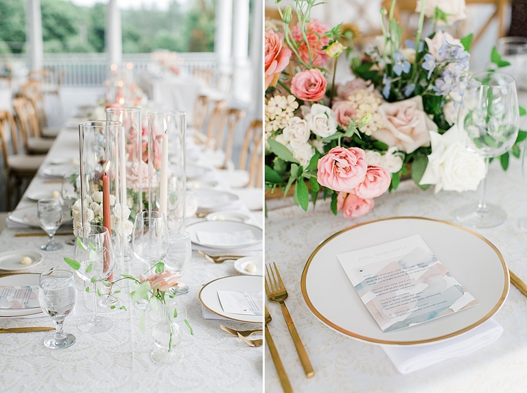 Reception table details with a white linen, gold silverware, tall white and pink candles, and colorful pastel florals