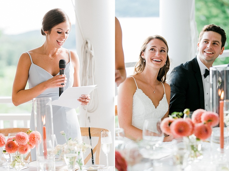 The bride and groom laughing at the maid of honors speech