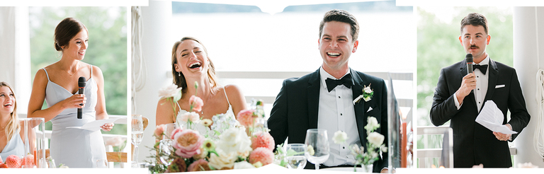 The bride and groom enjoying speeches by the maid of honor and best man