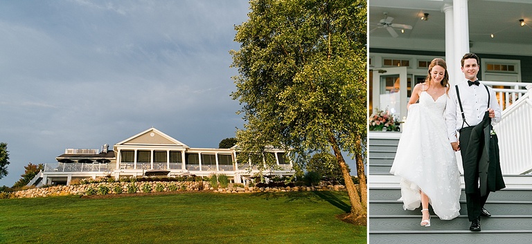 The bride and groom walking down the stairs of the Walloon Lake Country Club