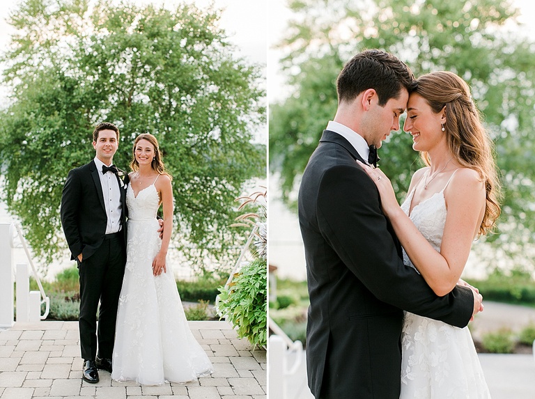 The bride and groom taking sunset portraits in Northern Michigan