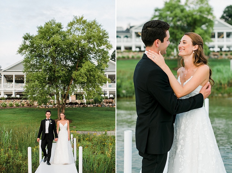 A bride and groom holding hands and walking out onto the docks at the country club
