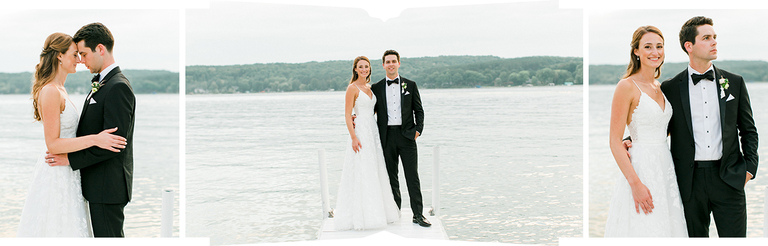 A bride and groom taking portraits in the evening in Michigan with Walloon Lake in the background
