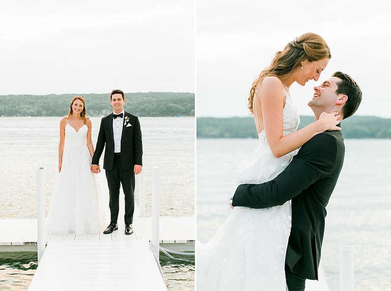 A bride and groom holding hangs and smiling at each other on their wedding day