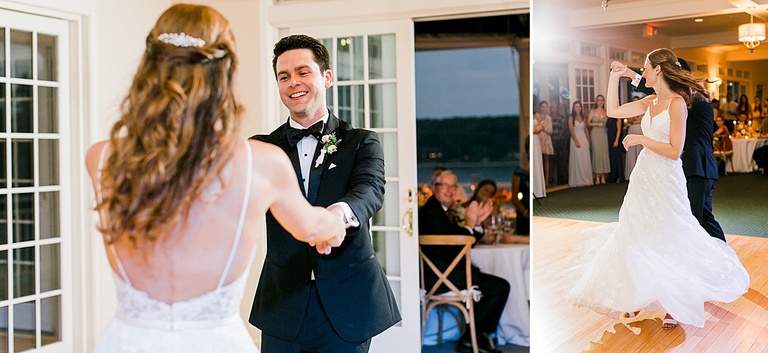 A bride and groom dancing together inside the Walloon Lake Country Club