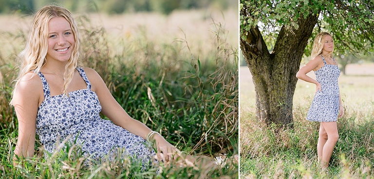 A girl in a blue and white dress poses for senior pictures in Maple City, Michigan