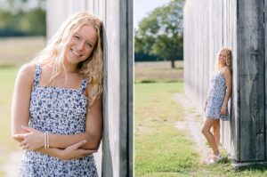 A high school senior girl poses for portraits beside a barn in beautiful Michigan