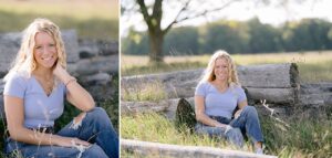 A high school girl poses for senior portraits next to downed trees in Michigan