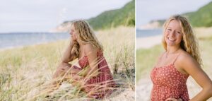 A high school senior girl looks out over Lake Michigan on a sunny day in summer