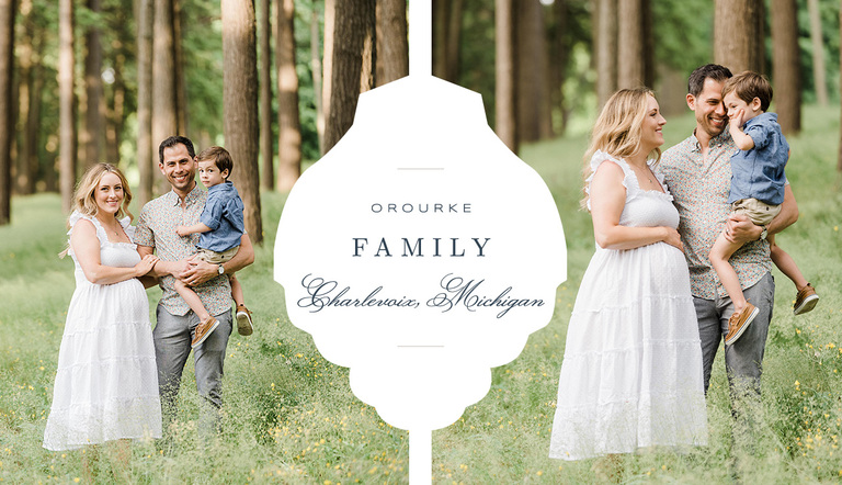 A family stands in a field of wildflowers in the woods of Northern Michigan