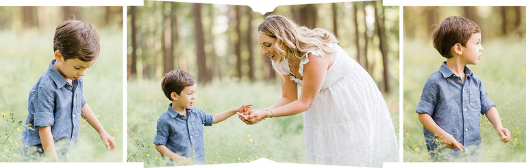 A little boy plays in a field of wild flowers and picks flowers to place in his mother's hands
