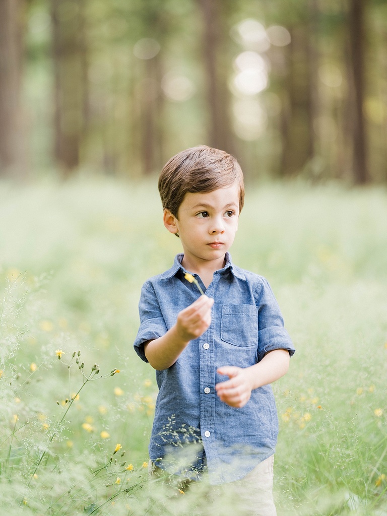 A boy stands in a field holding a flower in Charlevoix, Michigan in the summer