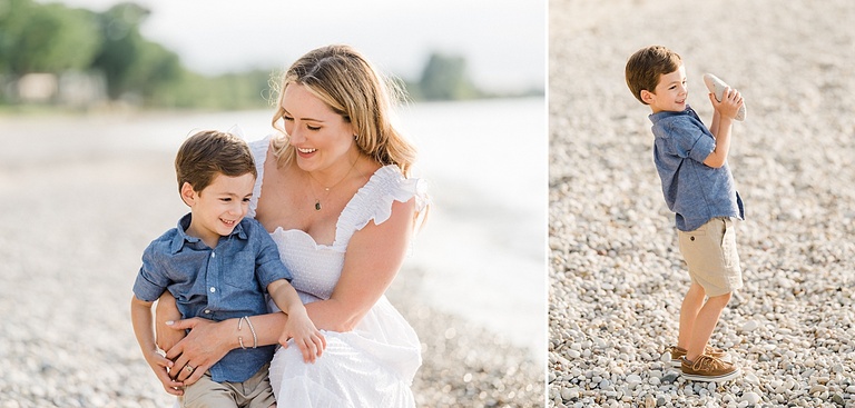 A mother in a while dress holds her son as they both smile on a Michigan beach