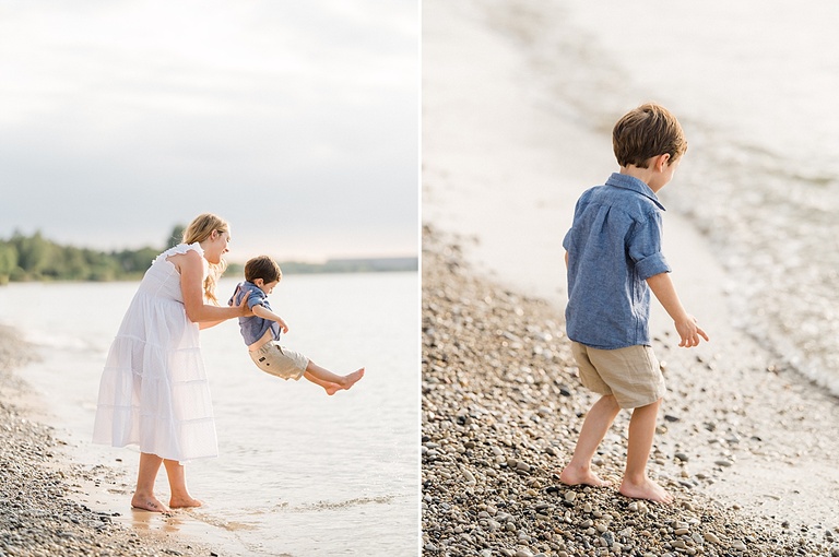 A mother swings her young son over a lake in Michigan in the summer