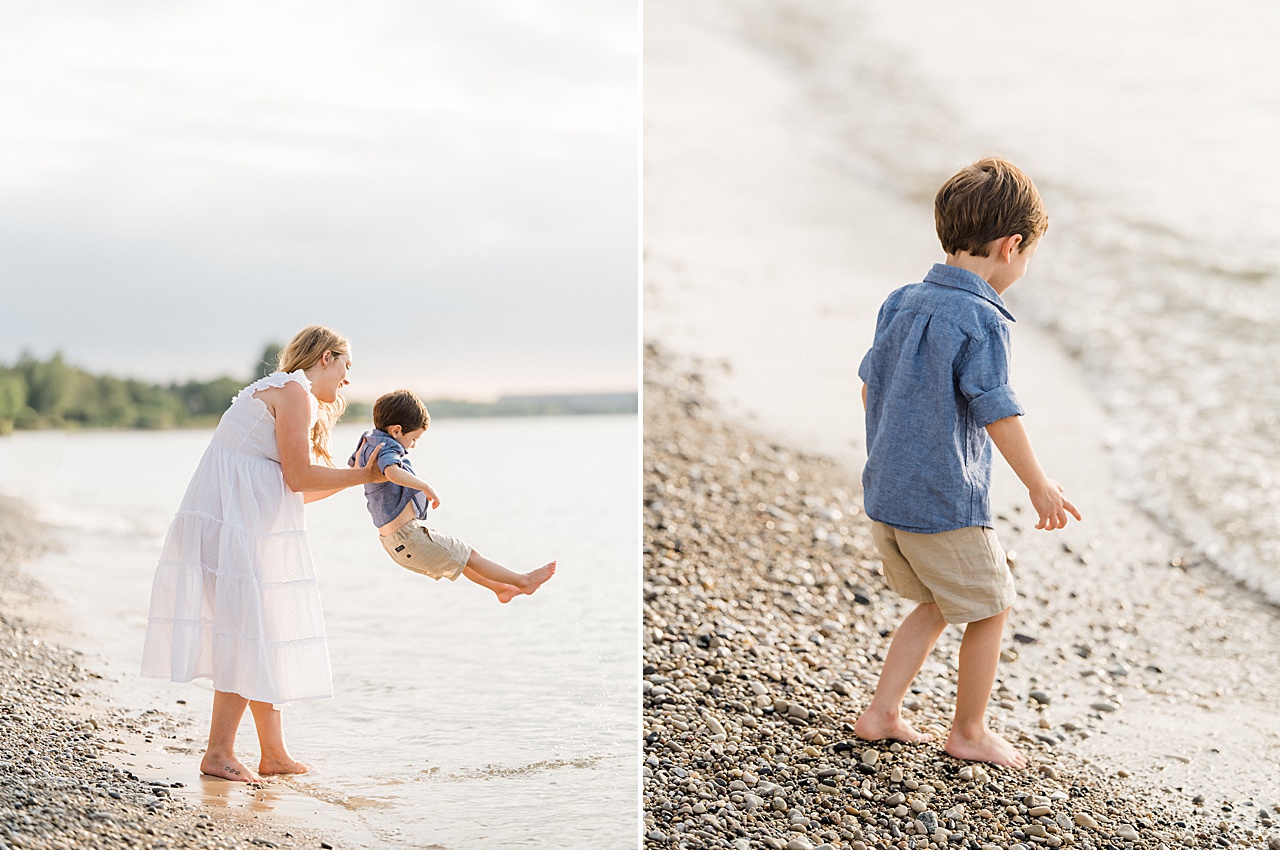 A mother swings her young son over a lake in Michigan in the summer