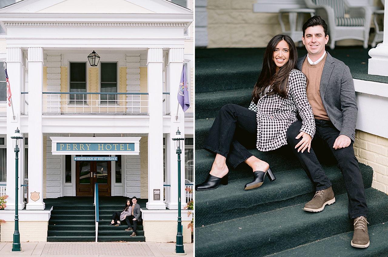 An engaged couple poses for photos on the steps of The Stafford's Perry Hotel