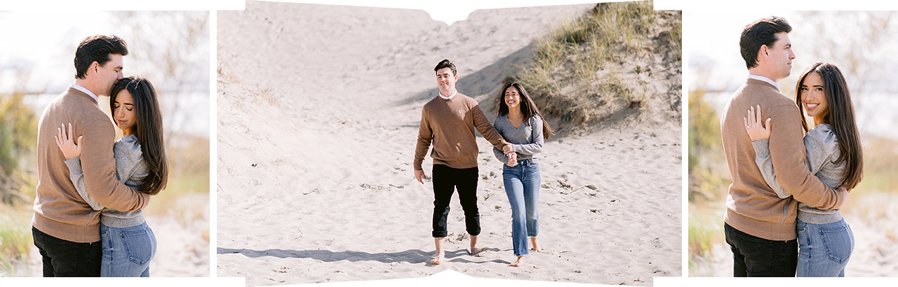 Several photographs of a couple at a sandy beach in front of Lake Michigan