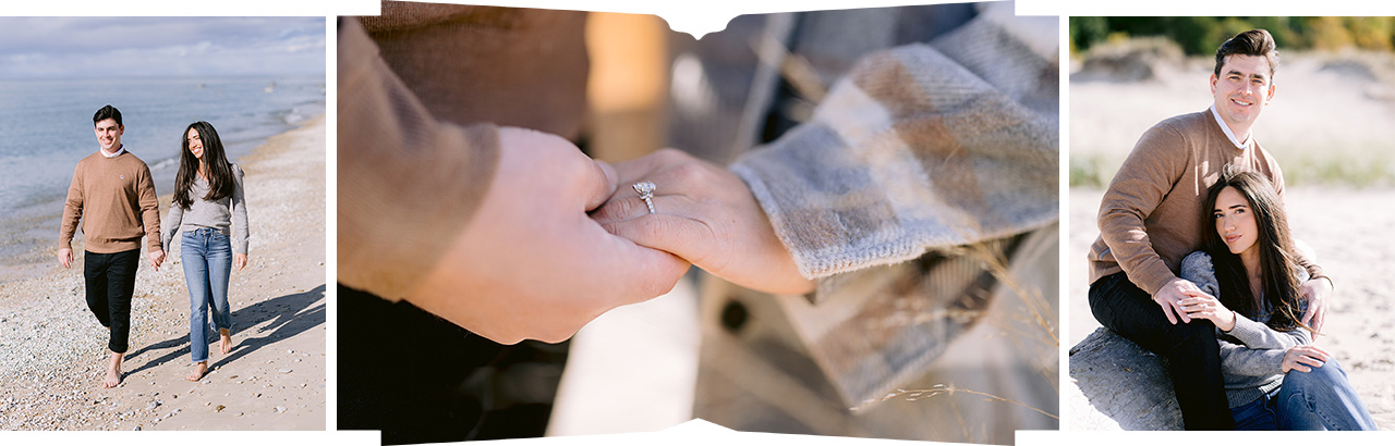 A close up of an engagement ring and a happy couple in Northern Michigan