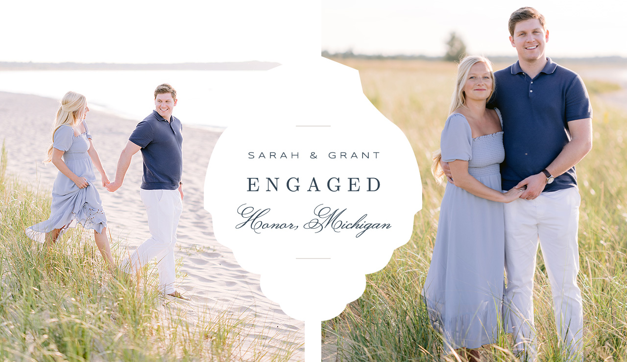 An engaged couple wearing tones of blue at their engagement session in Honor, Michigan