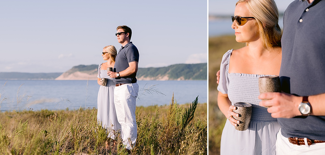 A man and woman taking engagement photos in Northern Michigan
