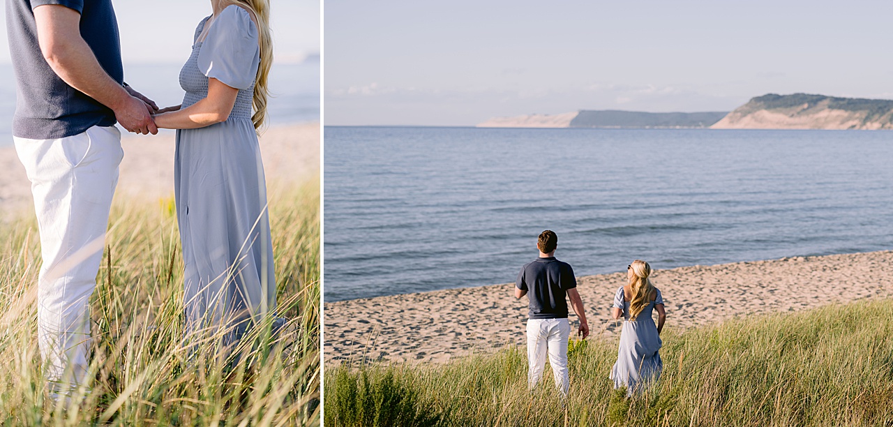 A couple walking through dune grass on a sunny evening in July