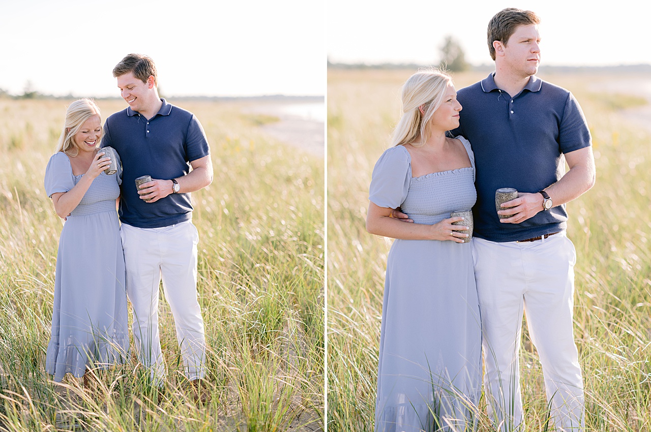 A couple having drinks in tumblers that have a Petoskey stone pattern on the cups