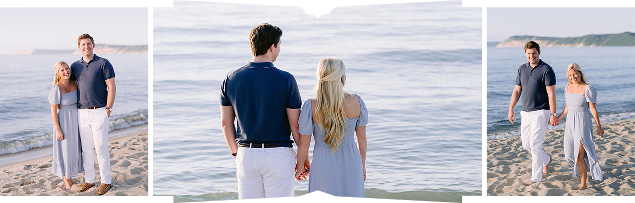 Engagement session portraits in blue attire at a lake in Northern Michigan