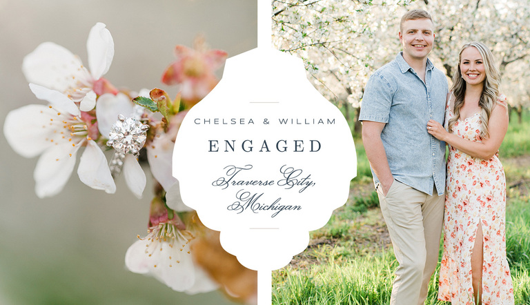 A couple poses for michigan cherry blossom engagement portraits