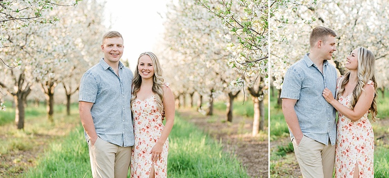 A couple poses for engagement portraits in Northern Michigan