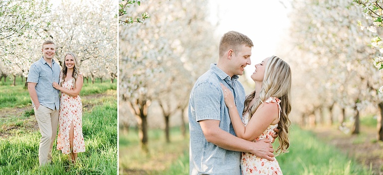 A man and woman pose for engagement portraits in a cherry orchard in northern michigan