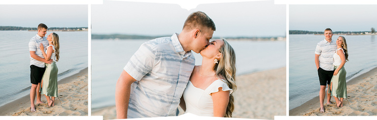A man and woman pose on a michigan beach for engagement portraits on the shoreline