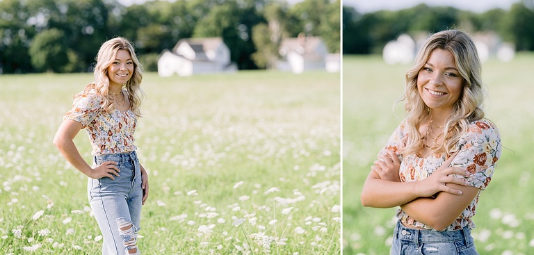 A senior girl poses for portraits in a field of flowers in in Oneida