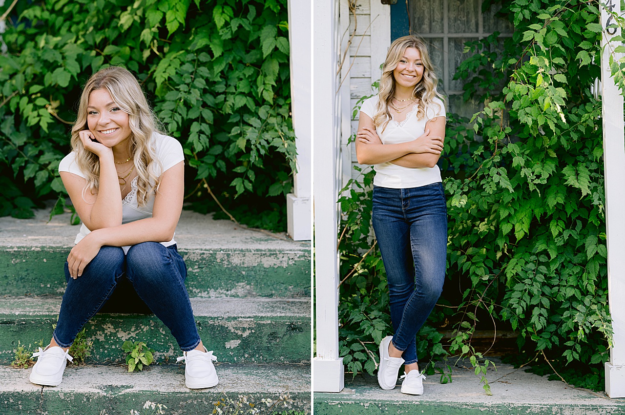A girl smiles and poses for senior portraits near oneida michigan