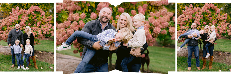 A mother and father pose with their two sons near hydrangeas for michigan fall family portraits