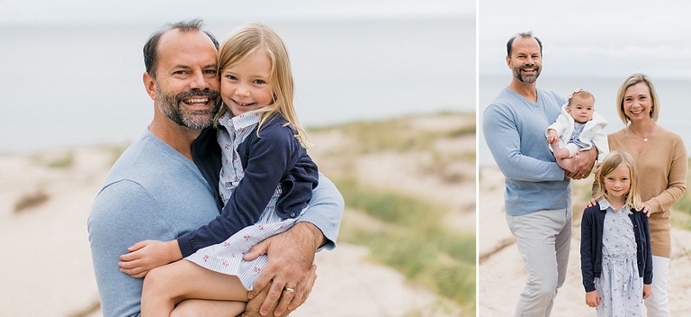 Family portraits taken on a sandy beach next to Lake Charlevoix