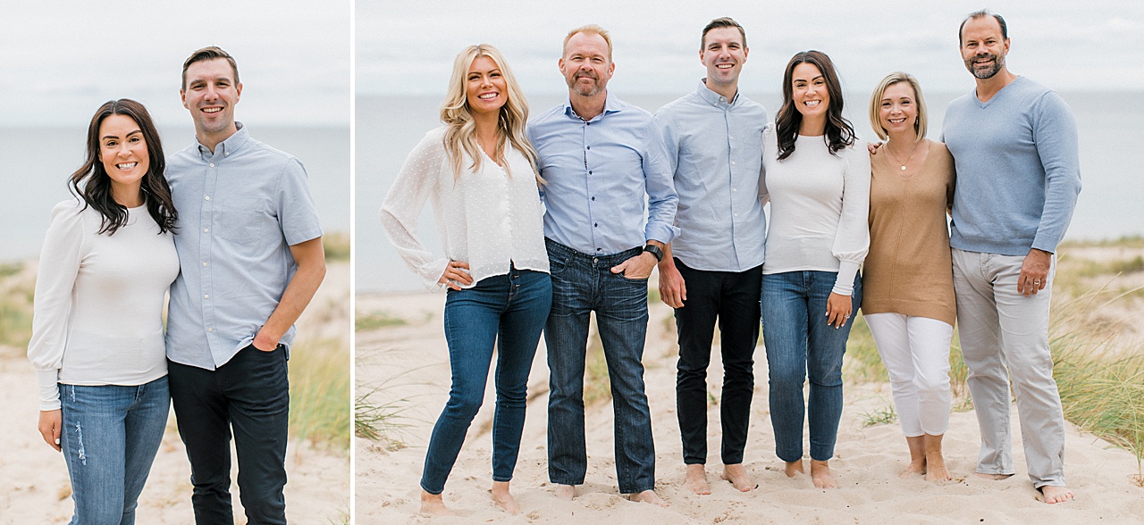 Three couples pose together on a Northern Michigan beach in Charlevoix