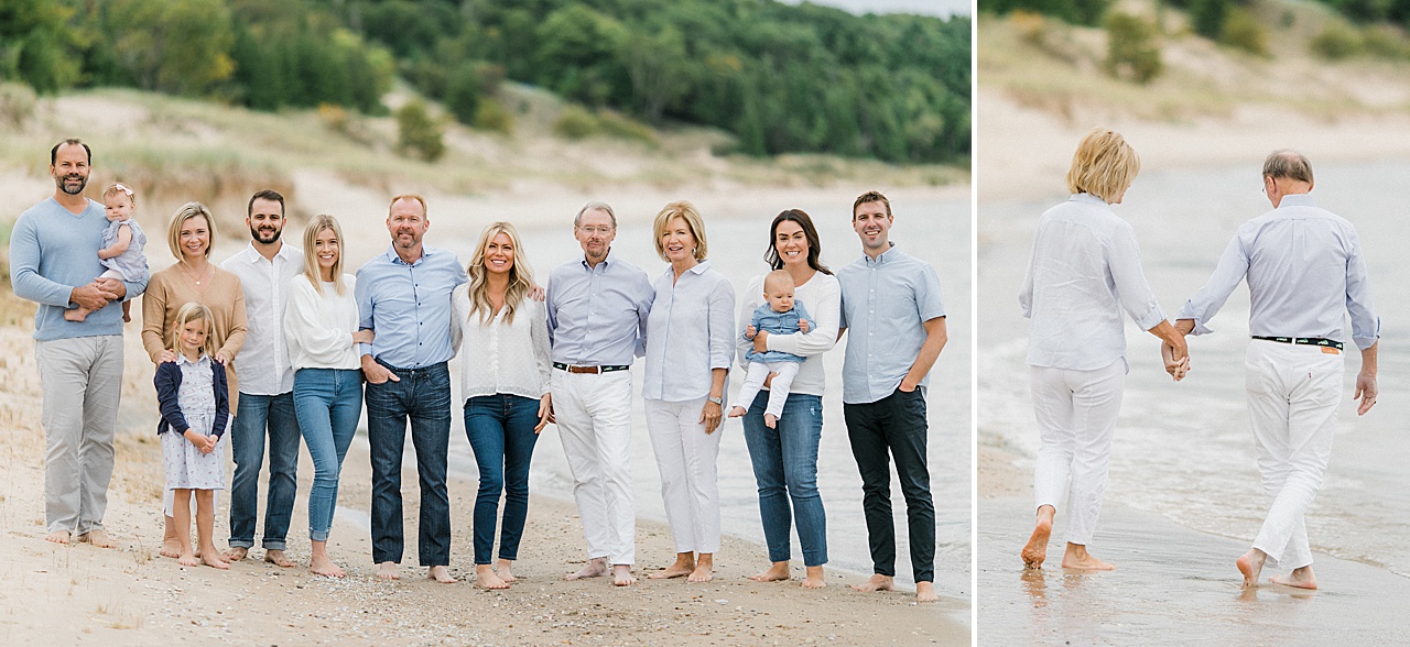 Three generations pose together near the shoreline for Northern Michigan family portraits