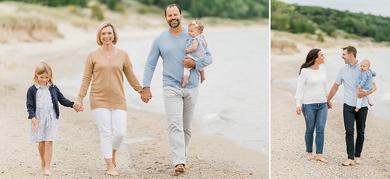 Two families stroll up a beach together while holding hands and smiling in Charlevoix