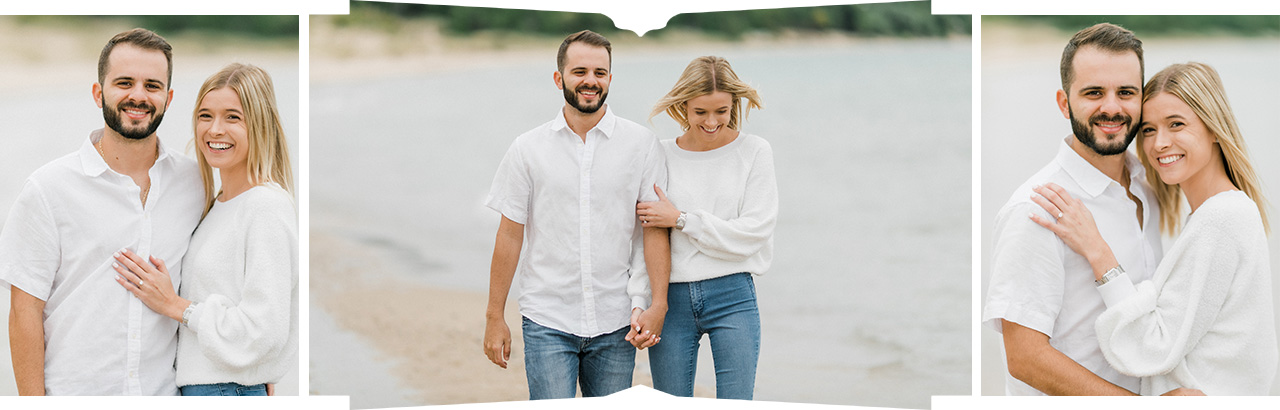 A couple poses for portraits dressed in white on a beach in Northern Michigan