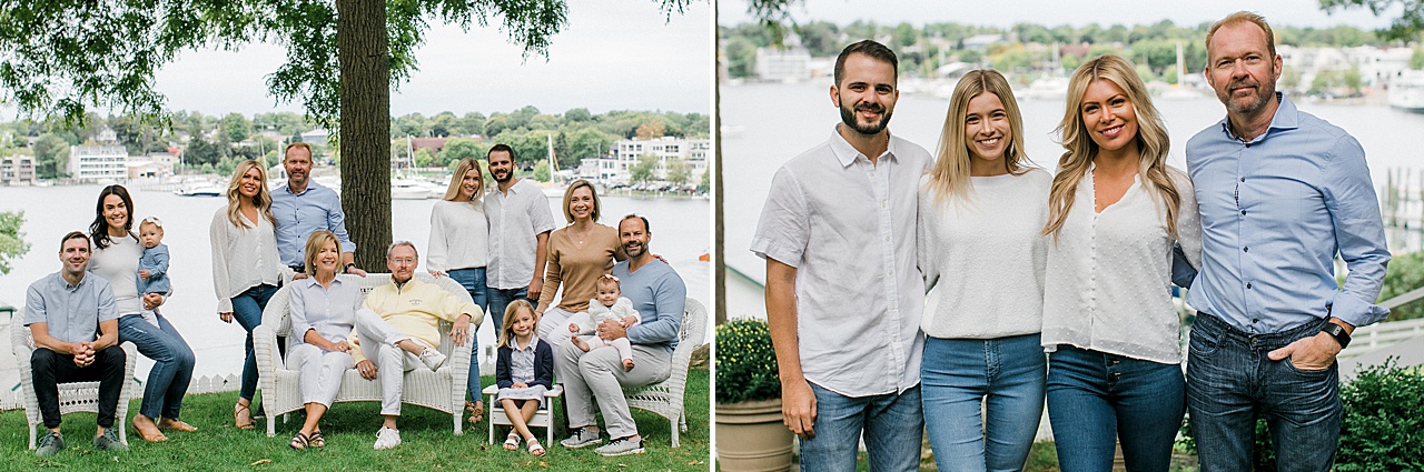 A family poses for portraits with a beautiful harbor behind them in Northern Michigan