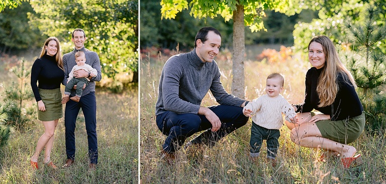 A family of three in fall time attire in a grassy field in Northern Michigan