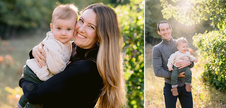 A baby boy taking portraits with his parents in October in Northern Michigan