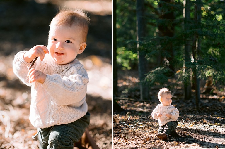 Portraits of a one year old boy in the woods during fall time